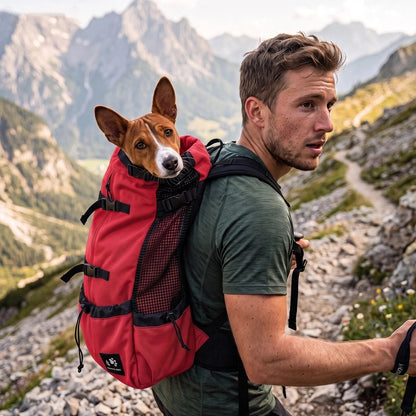 Homme en randonnée avec Sac a dos chien rouge