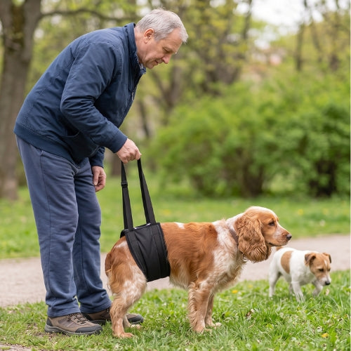 Homme et chien âgés promène avec harnais de levage pour chien