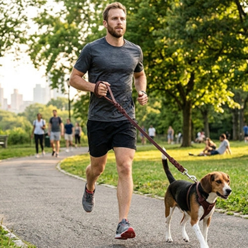 Homme jogging chien laisse chien en cuir tressé marron