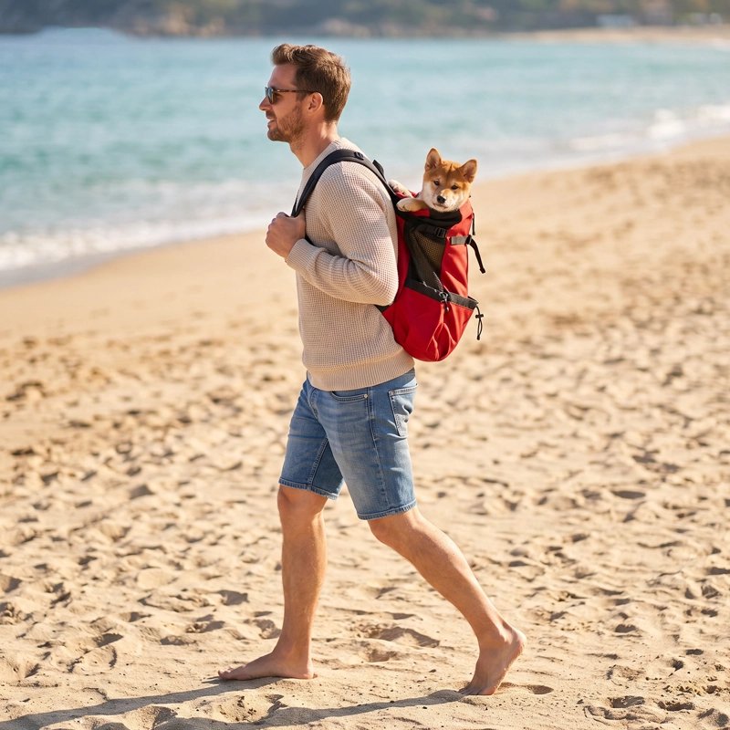 Homme marche plage Sac a dos chien rouge