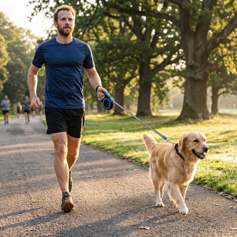 Homme marche sportive avec chien et Laisse enrouleur pour Chien bleu