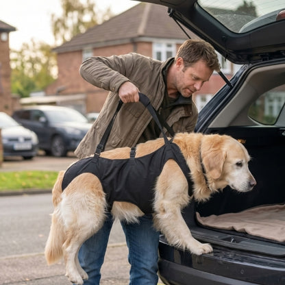 Homme porte chien coffre voiture avec harnais de levage chien