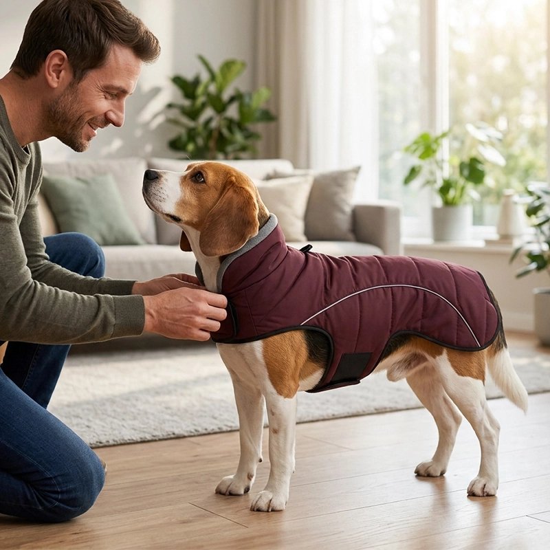 Homme prépare chien pour sortir avec Manteau Chien