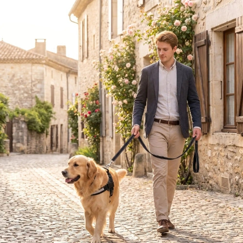 Homme promène chien avec laisse pour chien réfléchissante
