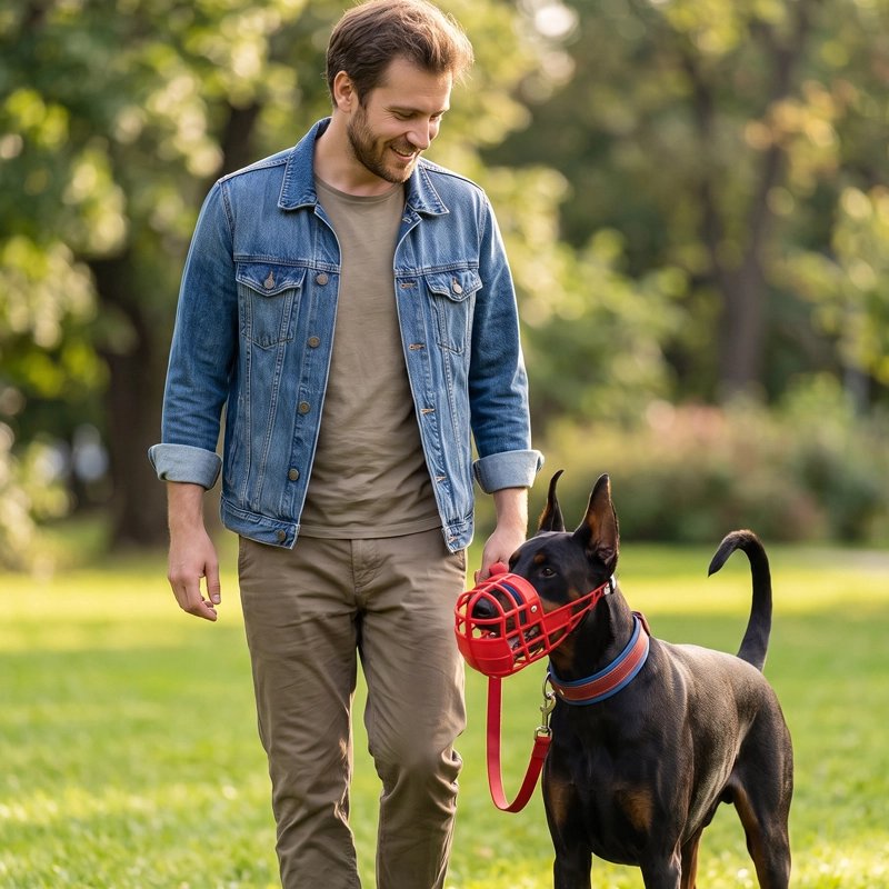 Homme promène sont chien avec muselière chien​