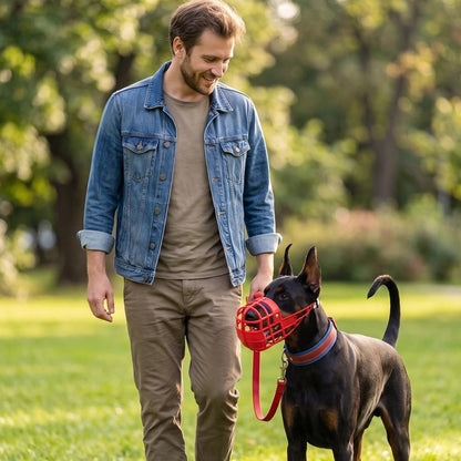 Homme promène sont chien avec muselière chien​