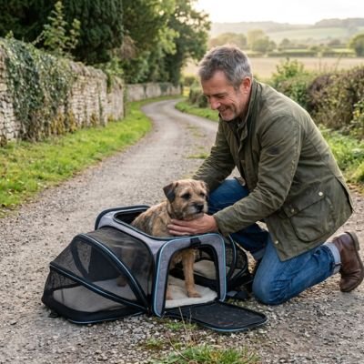 homme sort un caniche du sac de transport pour Chien