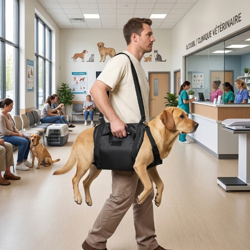 Homme transporte chien blesser harnais de levage chien