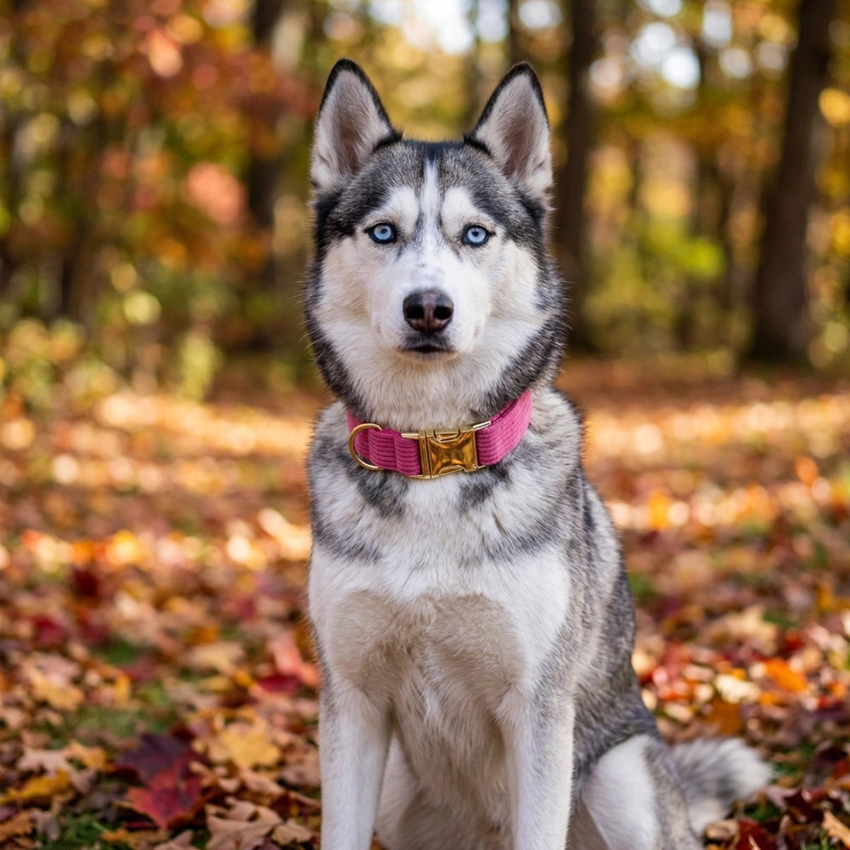 Husky balade en automne avec son Collier Chien rose