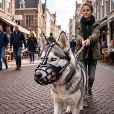 Husky en ville promène avec sa muselière pour chien​