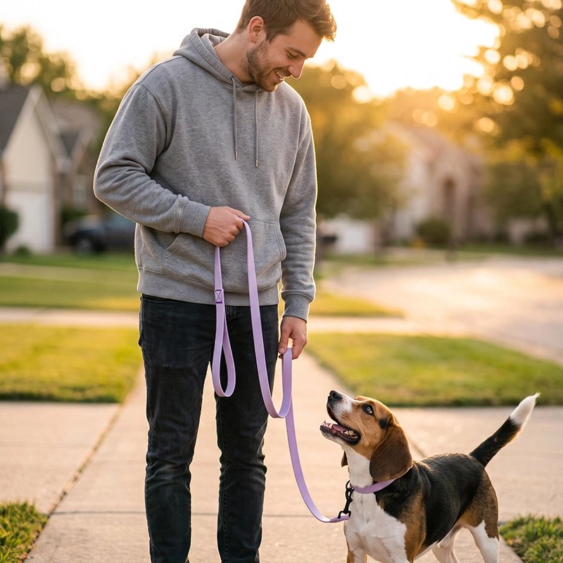 Jeune homme avec son chien et une Laisse pour Chien violet