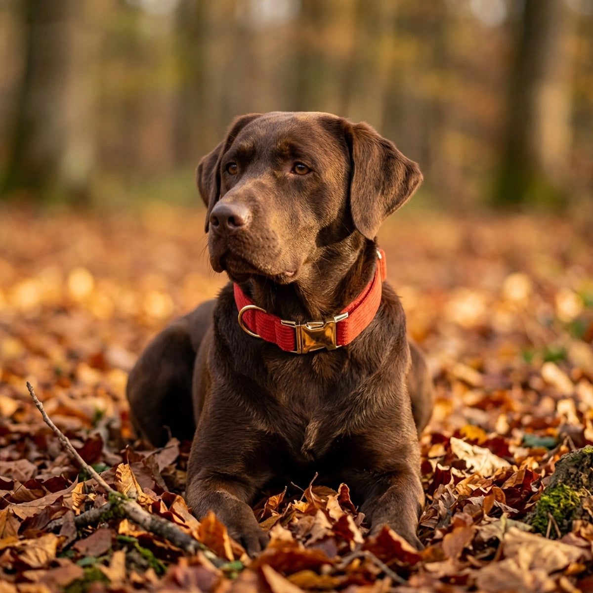 Labrador allongé dans les feuilles avec Collier Chien