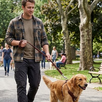 Laisse chien homme promène son chien dans un parc