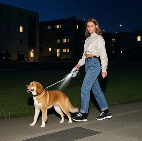 laisse enrouleur pour chien femme debout