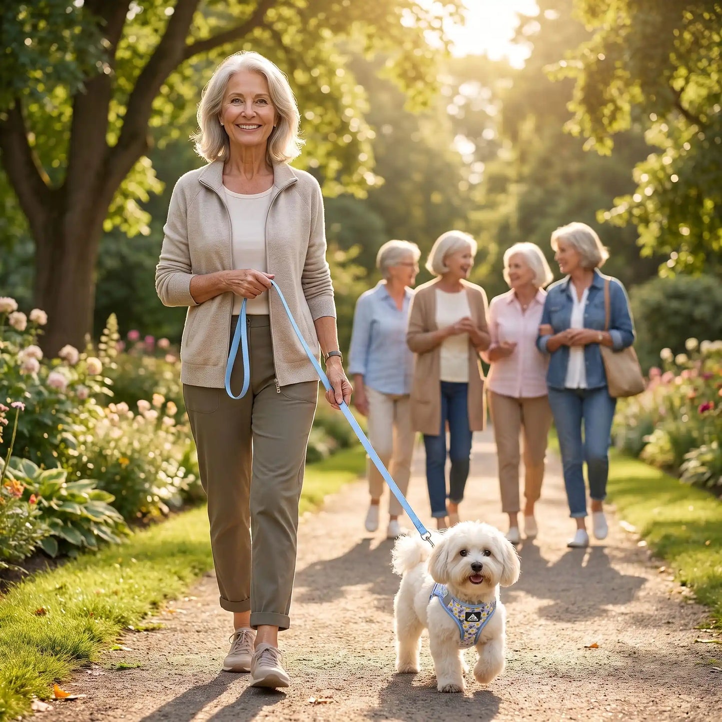 Le CaniPath groupe femme promène chien avec harnais pour chien bleu