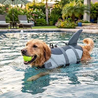 le chien à une balle de tennis dans la bouche et nage dans la piscine avec son Gilet de sauvetage Chien