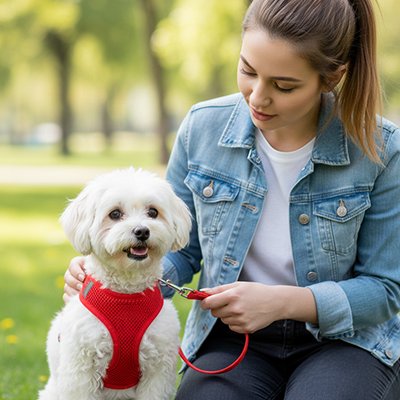 le chien se repose avec son Harnais petit chien 