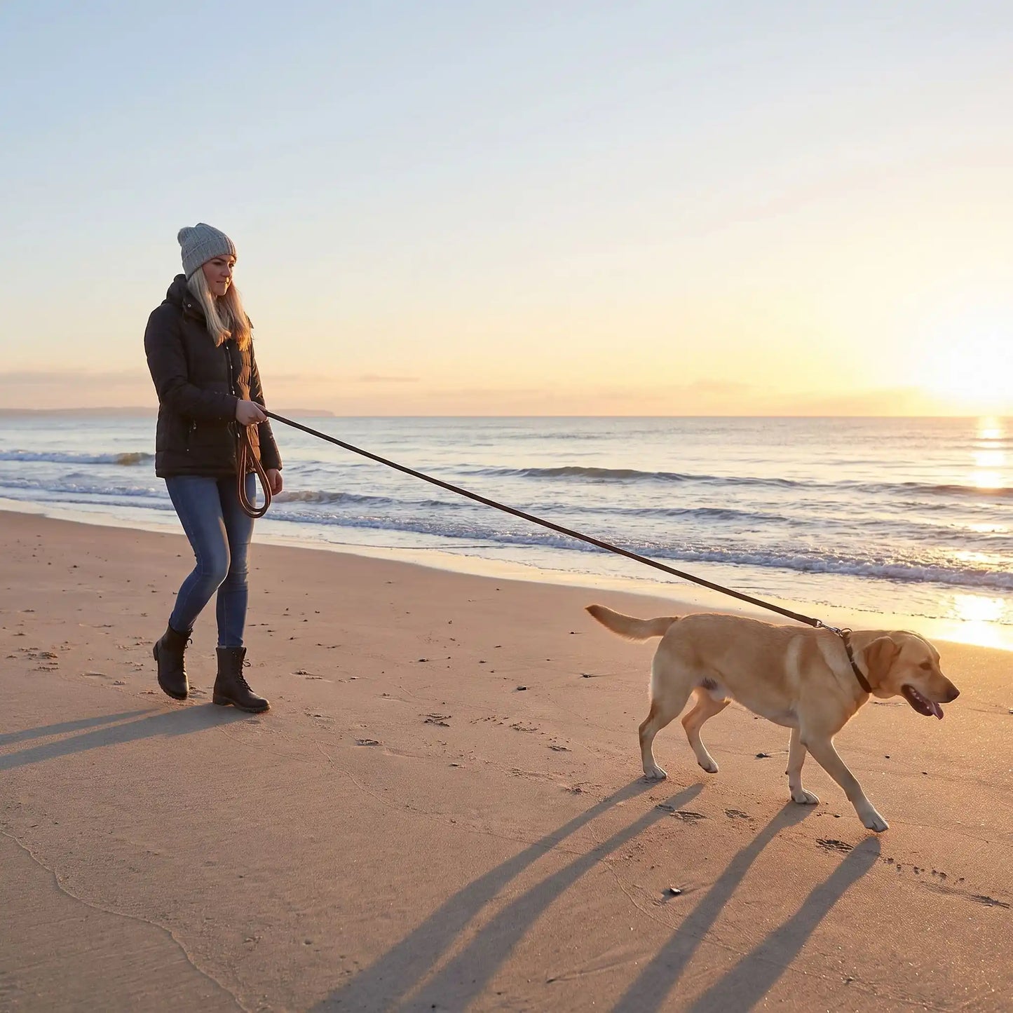 Le chien promène plage matin longe pour chien café
