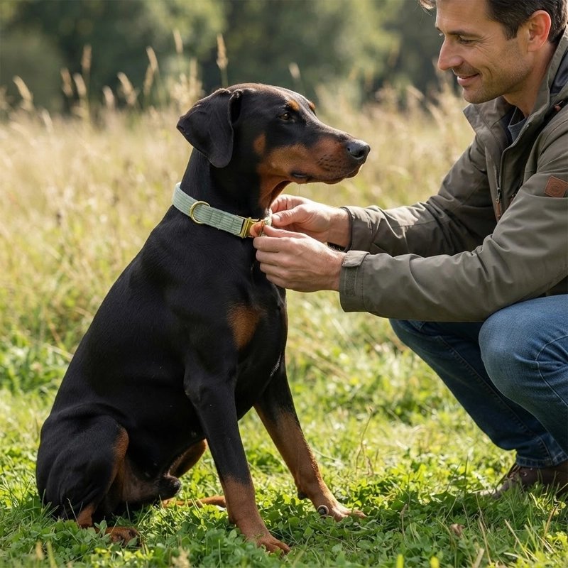 Maître enfile le Collier Pour Chien vert