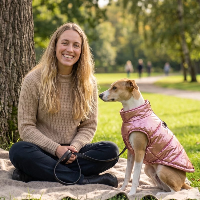 Maitresse et chien assis le petit chien porte Manteau Pour Petit Chien