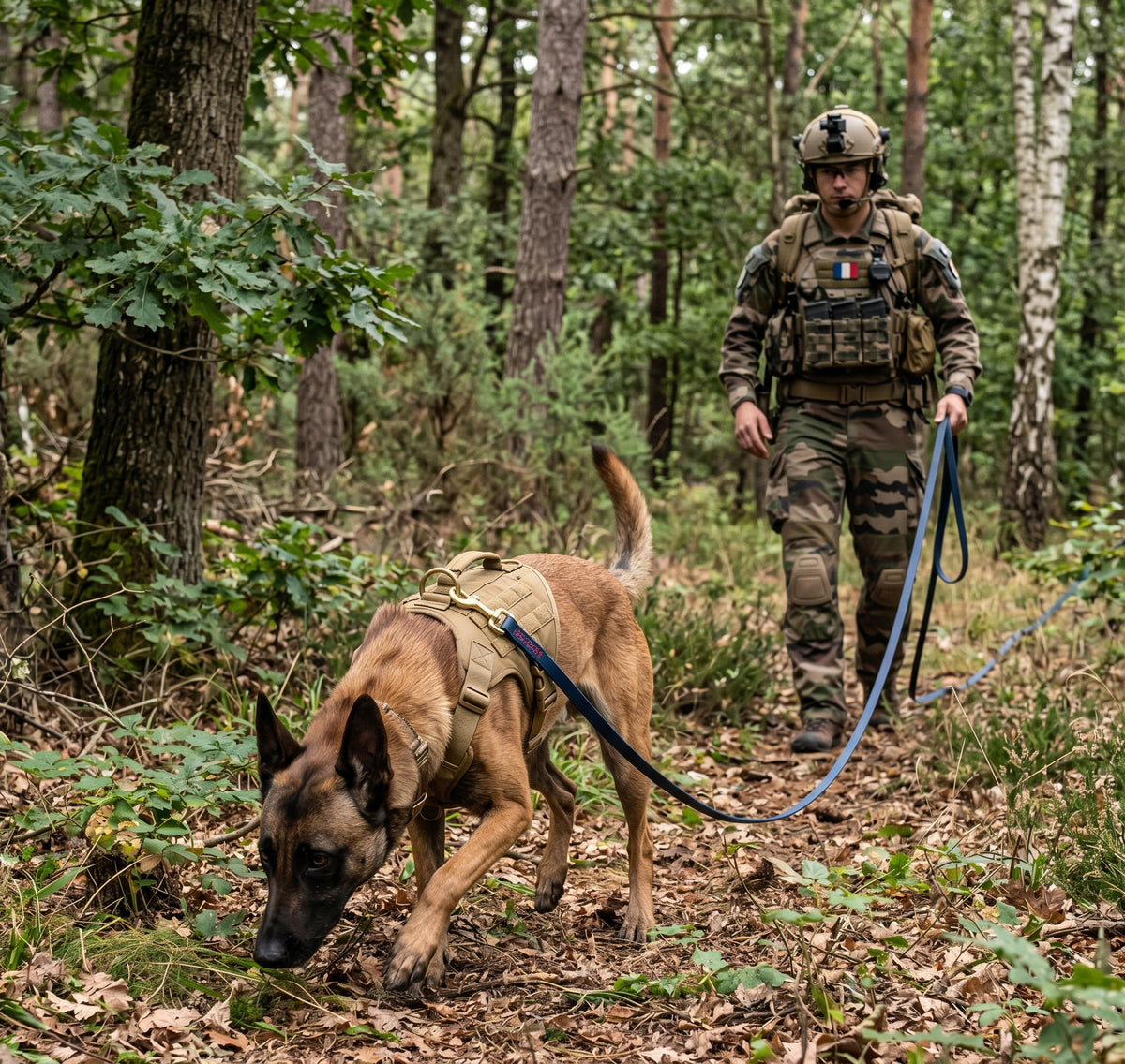 Malinois travail recherche bois tenus longe pour chien