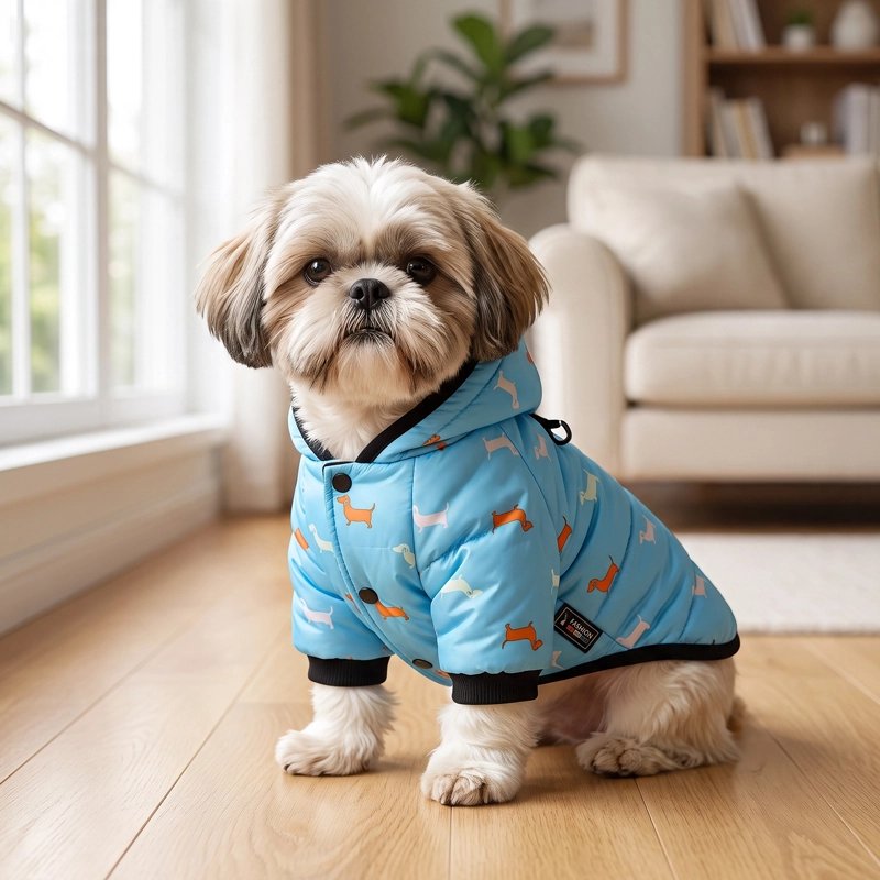 Manteau Chien enfilé à la maison chien prêt à sortir