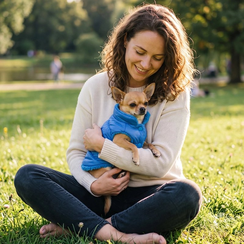 Mini chien dans les bras avec Manteau Pour Petit Chien