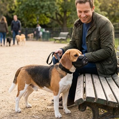Museau serien le nez du chien est poser sur un banc avec une Muselière pour chien​ 
