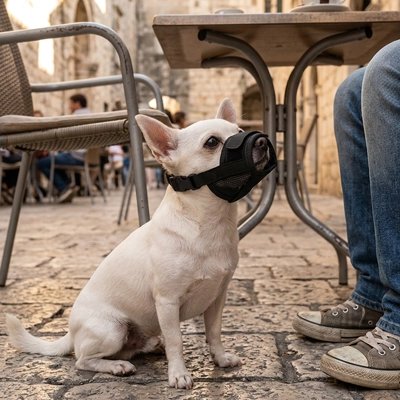 Museau serien Muselière pour chien​ le chien est assis sur une terrasse de café