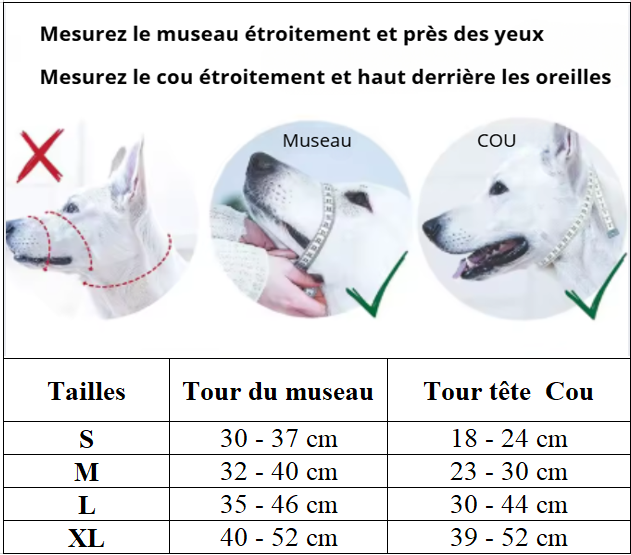 Muselière chien anti-morsure tableau tailles