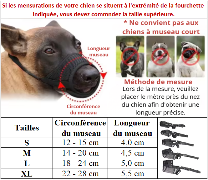 Muselière ergonomique tableau taille s xl