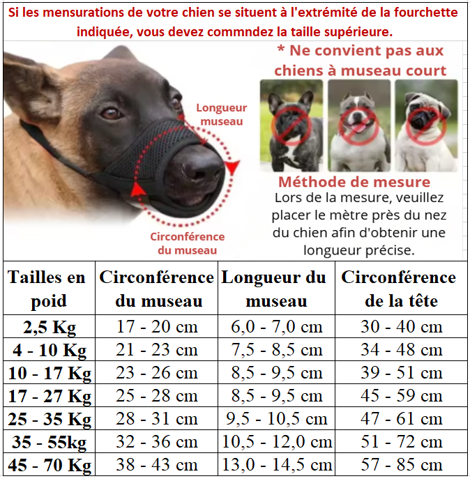 Muselière silicone tailles