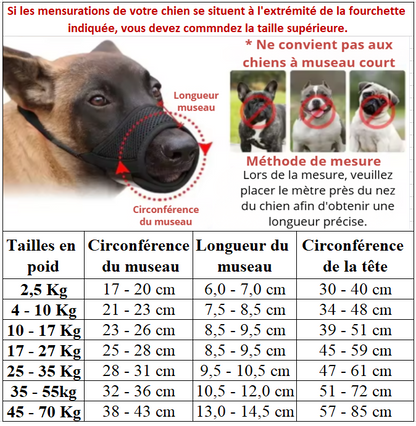 Muselière silicone tailles
