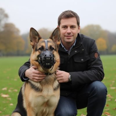 Muselière pour chien​ cuir maître présente son chien 