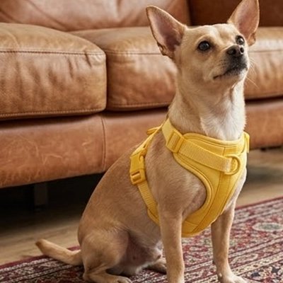 Patte Libre chien assis près à partir dehors Harnais chien jaune