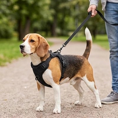 Patte Libre chien en balade avec son Harnais chien noir