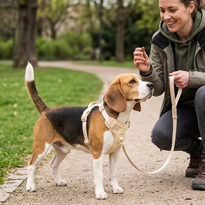 Patte Libre chien récompensé par son maître avec son Harnais chien