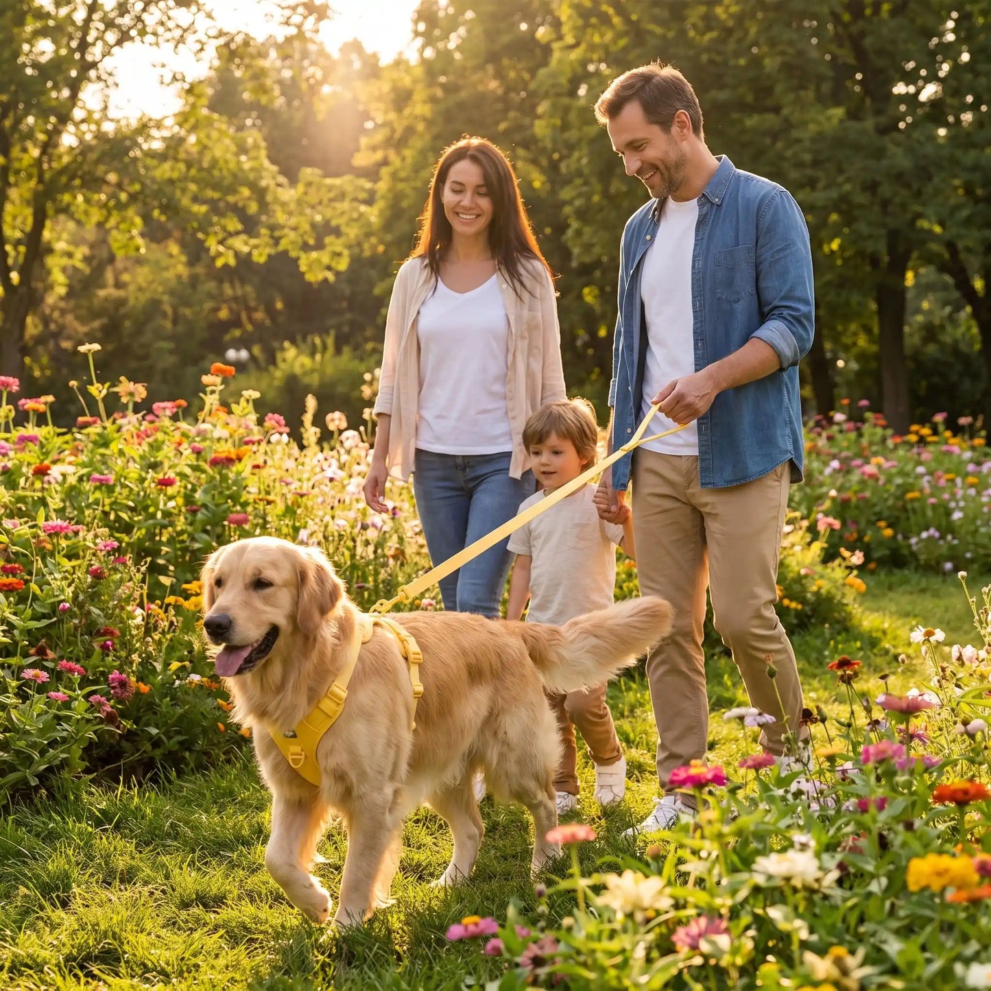 Patte libre dans parc fleurie chien harnais pour chien jaune