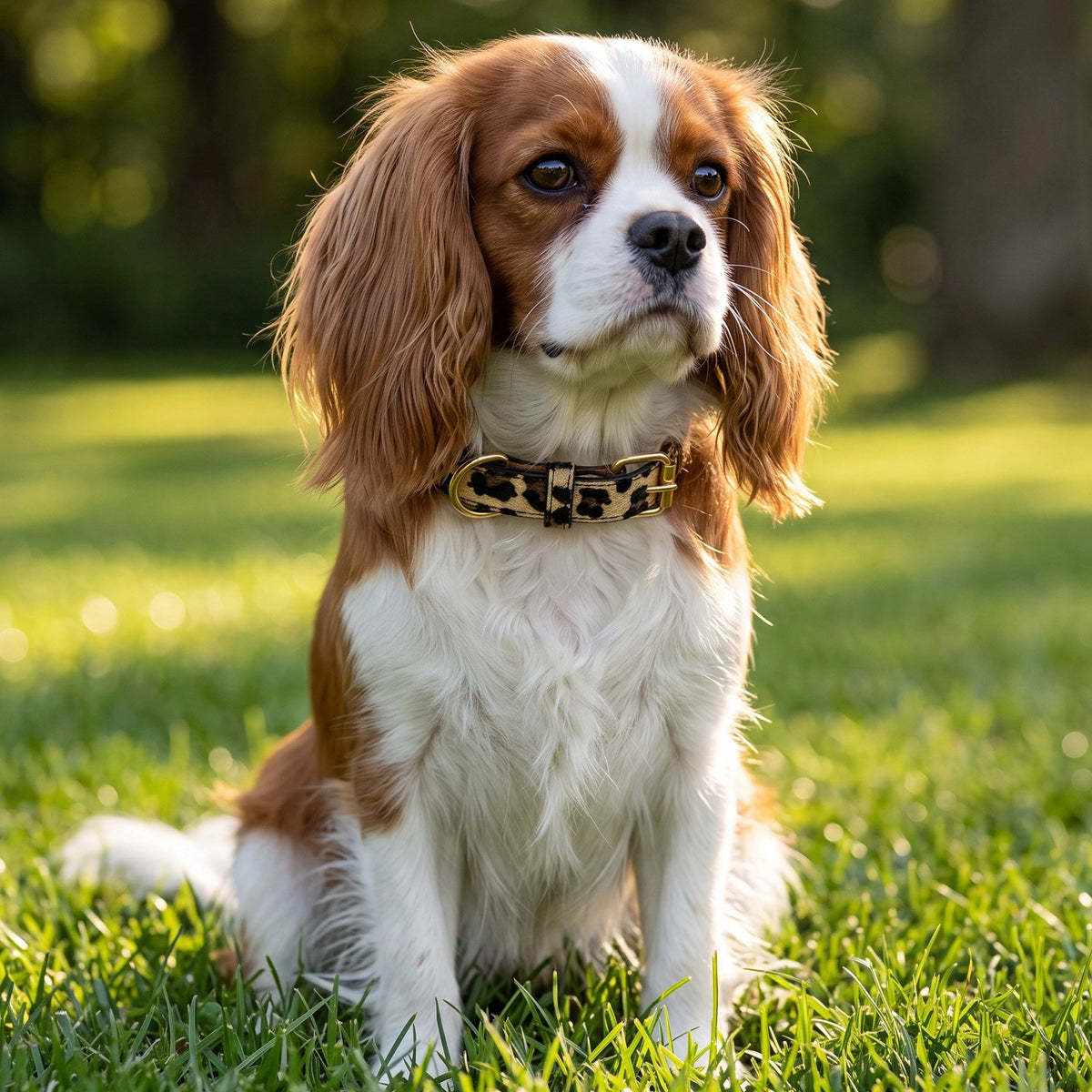 Petit chien assis dans parc Collier Chien