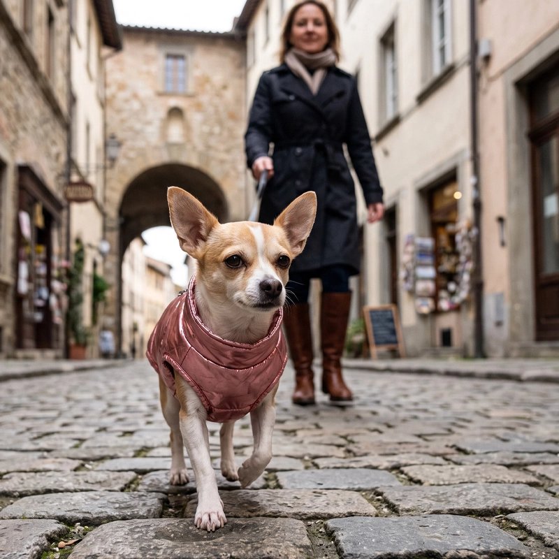 Petit chien balade en ville avec Manteau Pour Petit Chien
