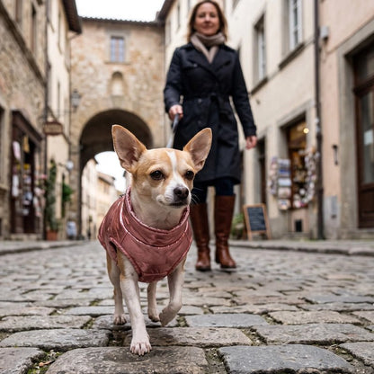 Petit chien balade en ville avec Manteau Pour Petit Chien