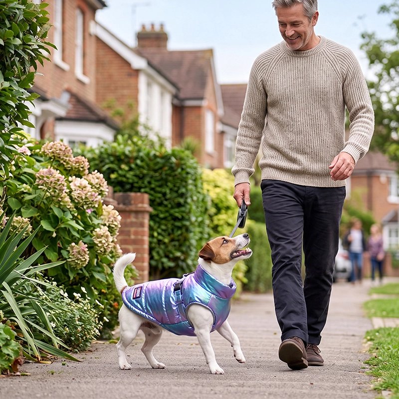 Petit chien balade sur trottoir avec son maître Manteau Chien