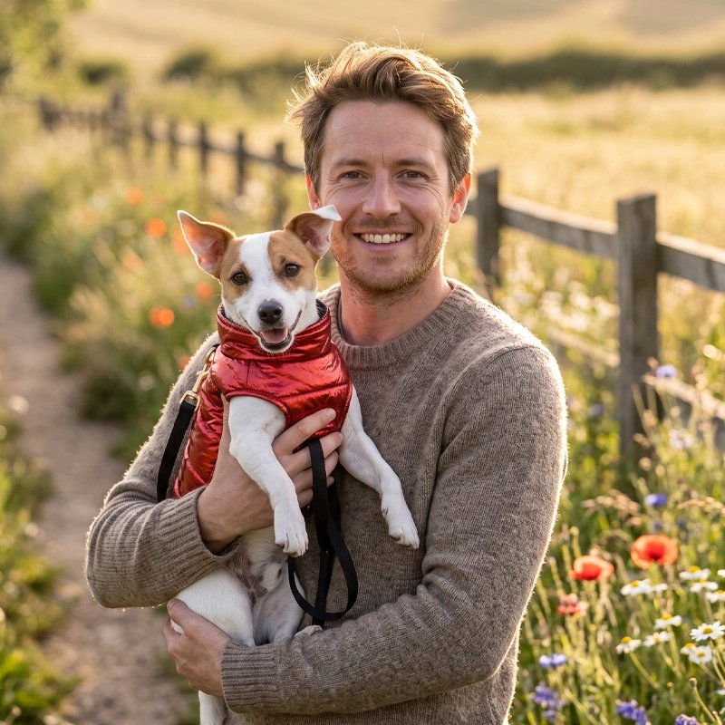 Petit chien dans bras du maitre avec Manteau Pour Petit Chien