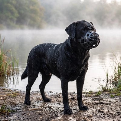 Promenade au bord d'un lac le chien porte Muselière pour chien​