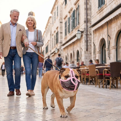 Promenade bouledogue rue pietonne muselière pour chien brachycéphale