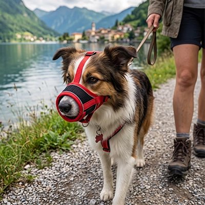 Promenade le long canal chien avec Muselière pour chien​ rouge et noir