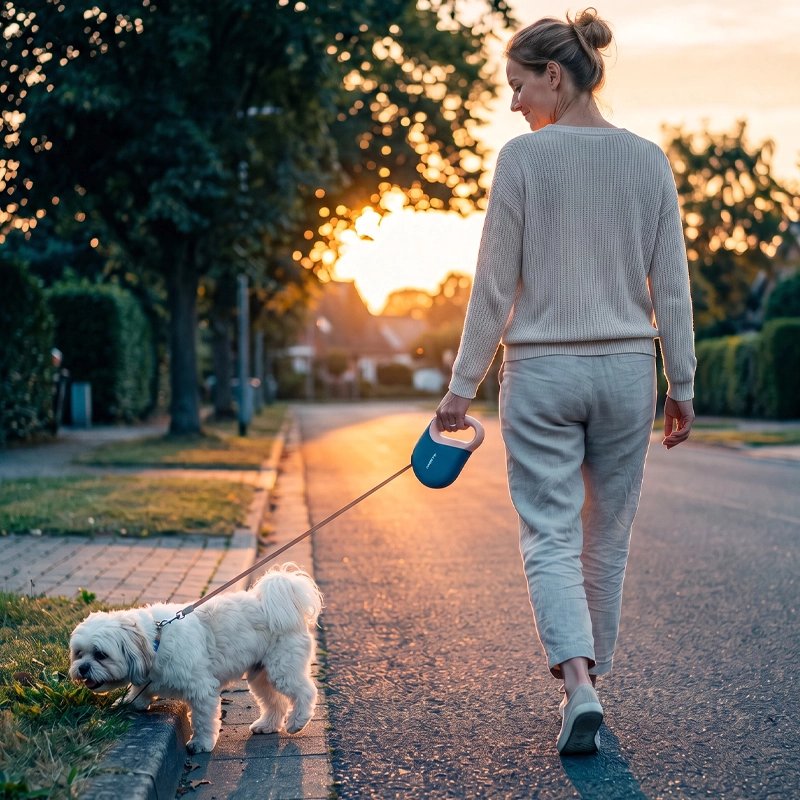 Promenade matinale chien Laisse enrouleur chien bleu