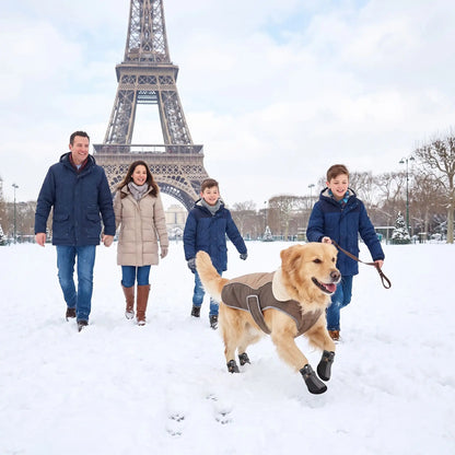Promenade tour Eiffel chien marche neige chaussure pour chien