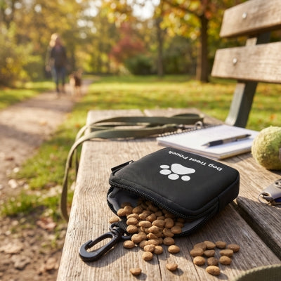 Sac à friandise pour chien noir poser banc