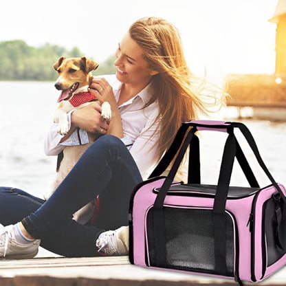 sac de transport chien  femme et chien au bord de l'eau